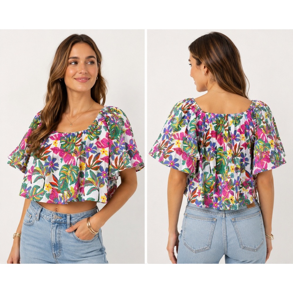 Karlie Tropical Floral Flutter Sleeve Crop Top Multicolor 100% Cotton Womens Med